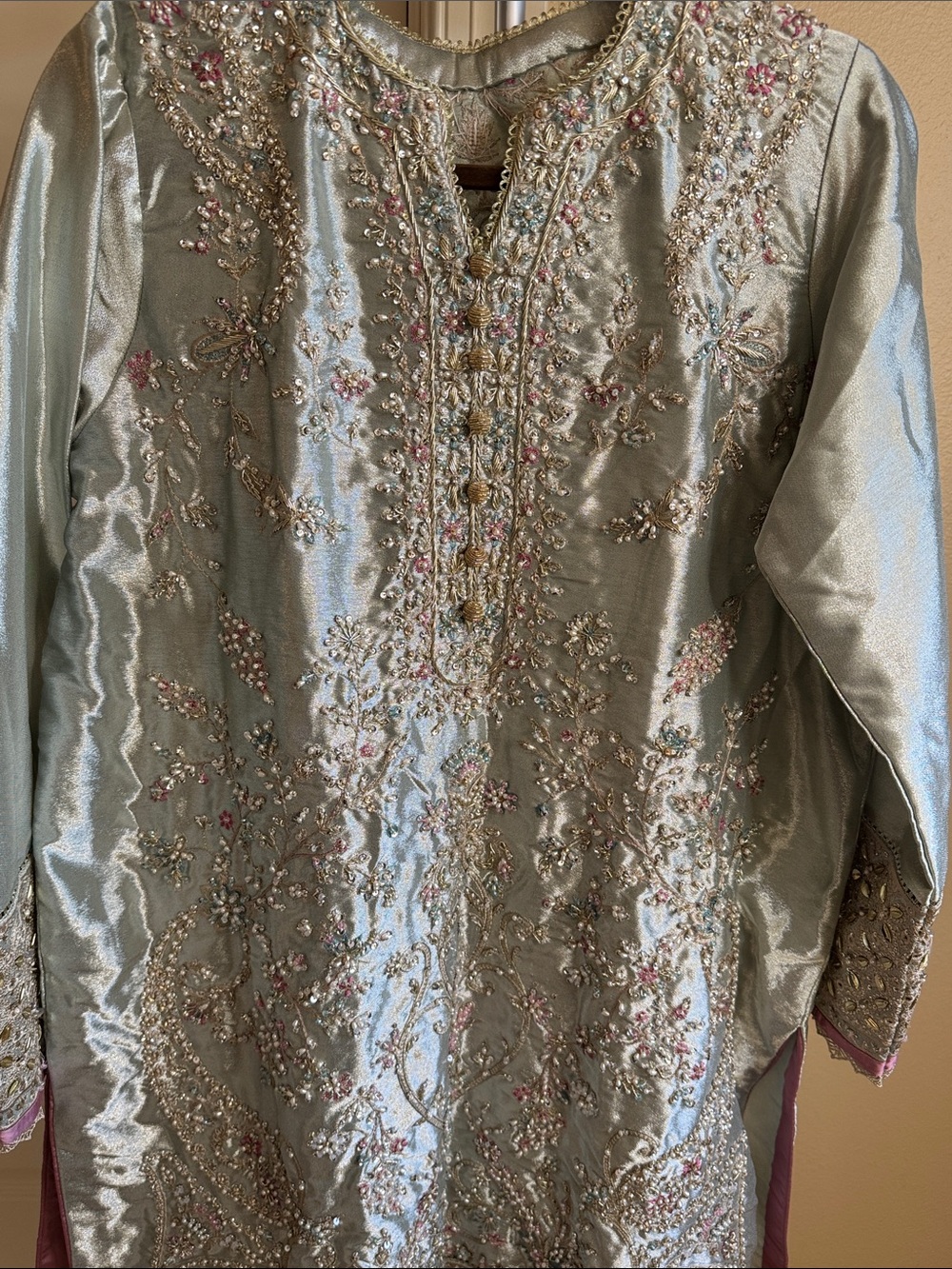 MUSHQ Embellished silk dress in Shimmering Aqua silver&tissue heavy work dupatta - Picture 10 of 16